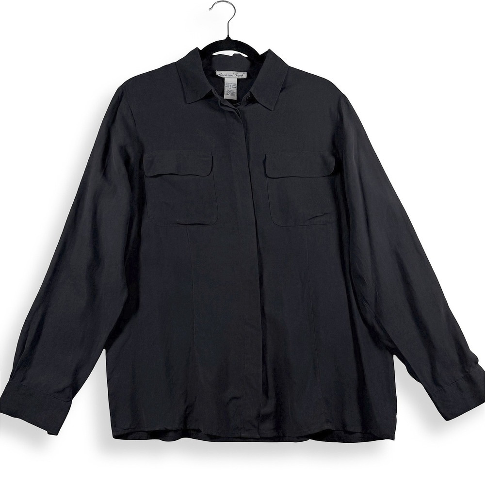 Anna and Frank Navy Blue 100% Silk Button Down Utility Shirt Pockets Size M